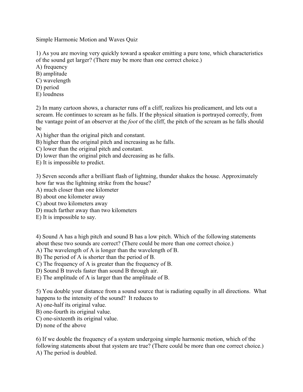 Simple Harmonic Motion and Waves Quiz