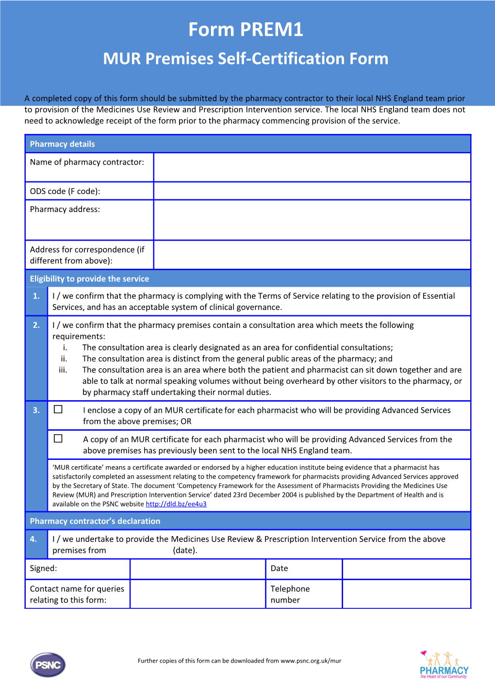 A Completed Copy of This Form Should Be Submitted by the Pharmacy Contractor to Their Local