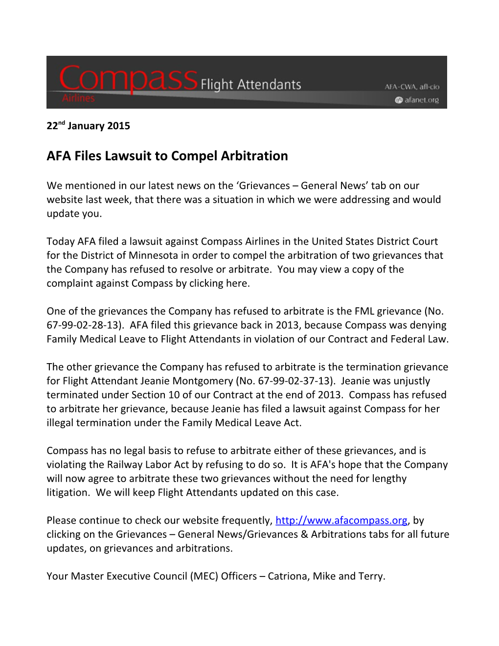 AFA Files Lawsuit to Compel Arbitration