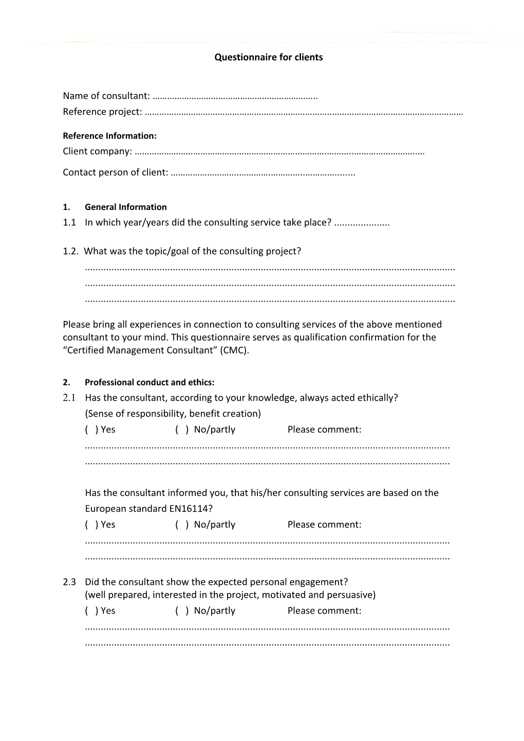 Questionnaire for Clients