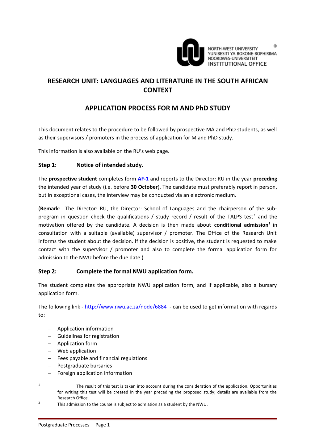 Research Unit: Languages and Literature in the South African Context