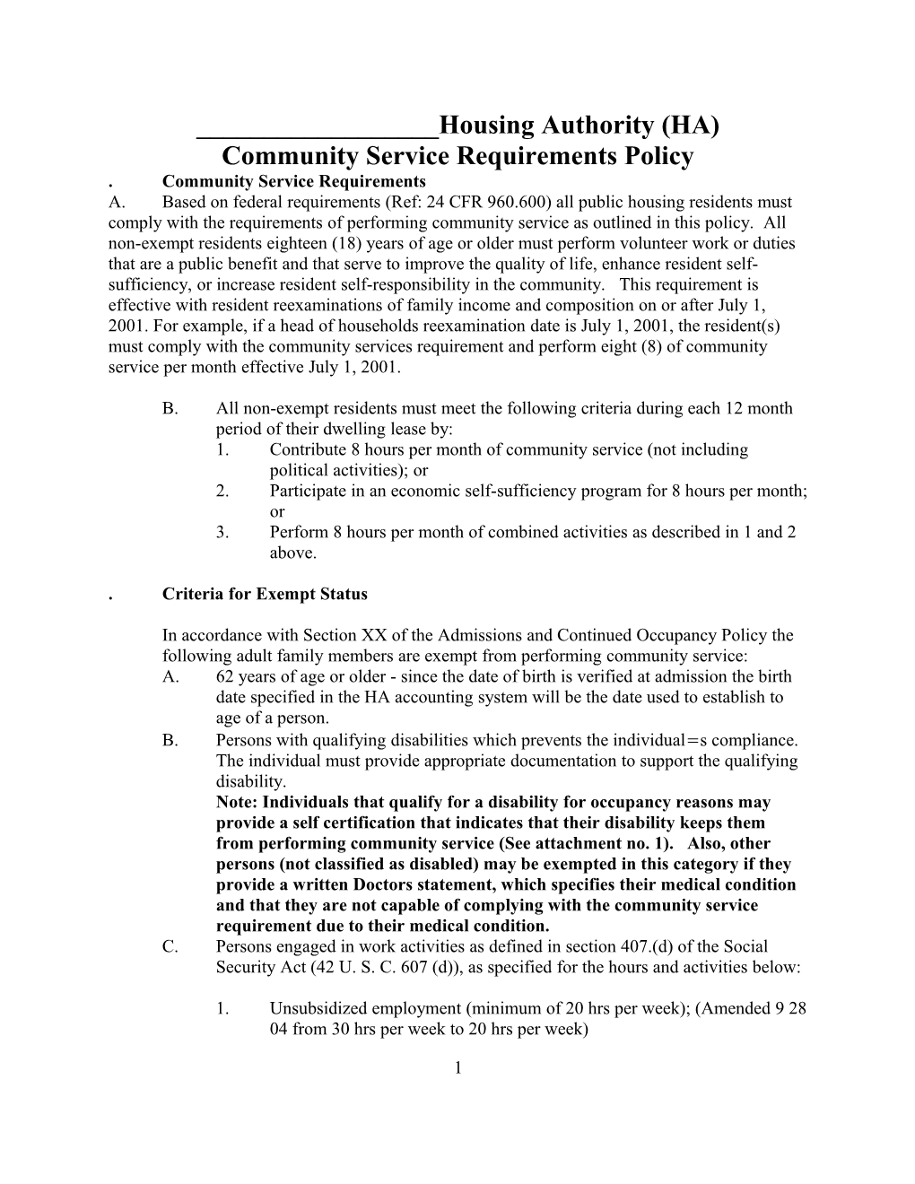 Community Service Requirements Policy