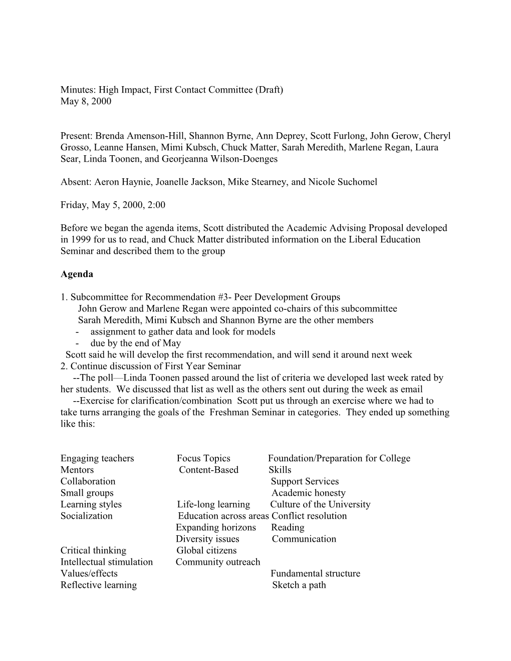 Minutes: High Impact, First Contact Committee (Draft)