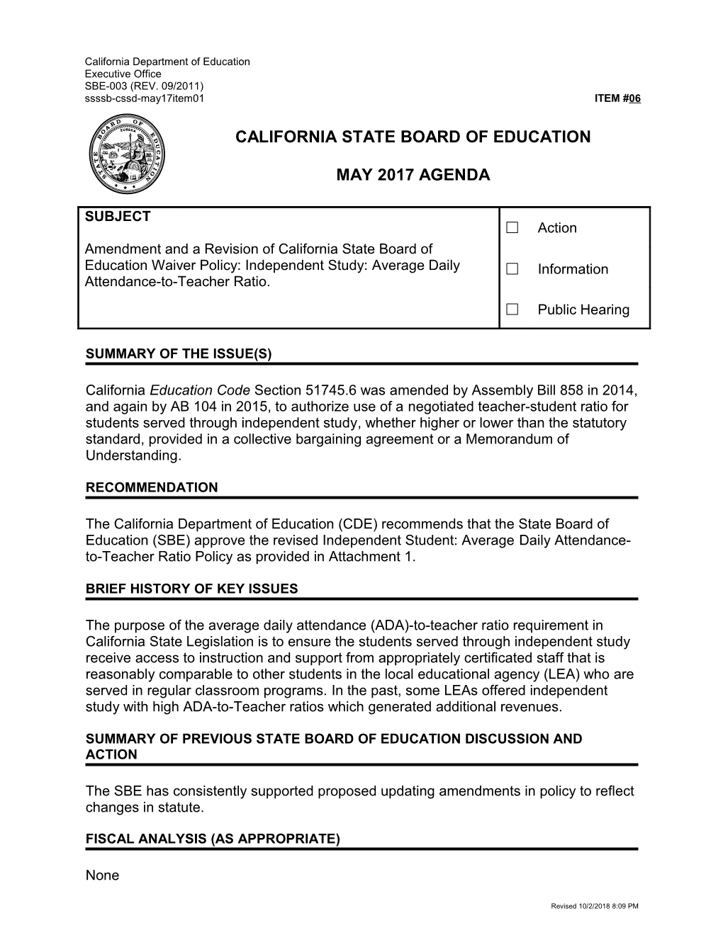 May 2017 Agenda Item 06 - Meeting Agendas (CA State Board of Education)