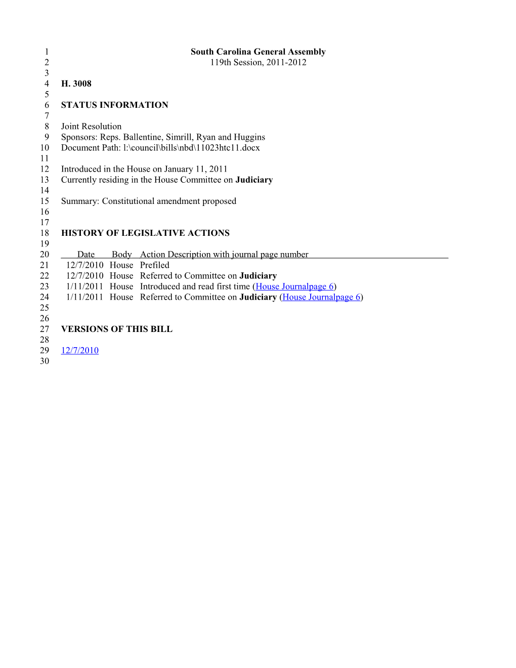 2011-2012 Bill 3008: Constitutional Amendment Proposed - South Carolina Legislature Online