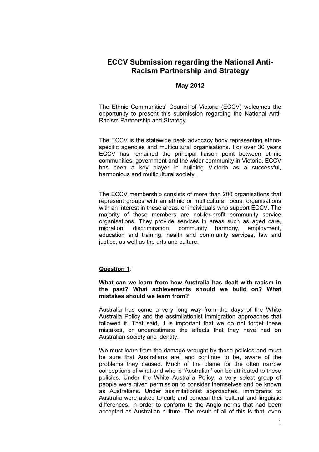 ECCV Submission Regarding the National Anti-Racism Partnership and Strategy