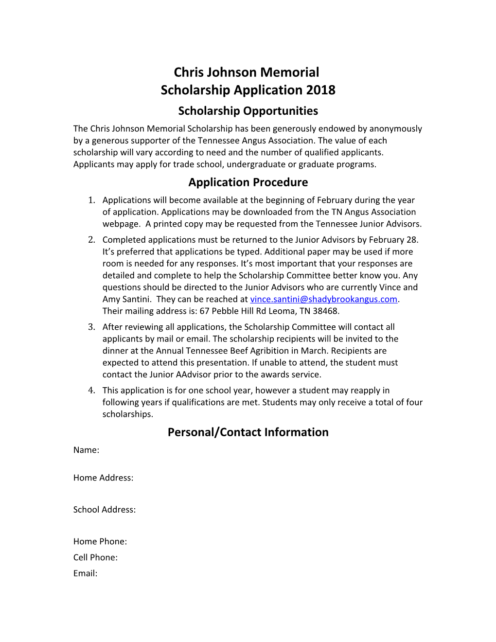 Chris Johnson Memorial Scholarship Application 2018