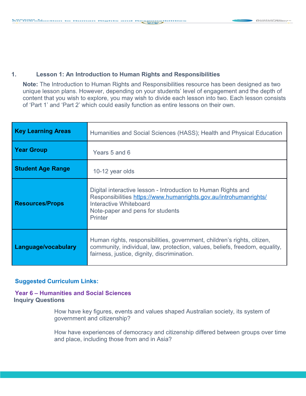 Lesson 1: an Introduction to Human Rights and Responsibilities