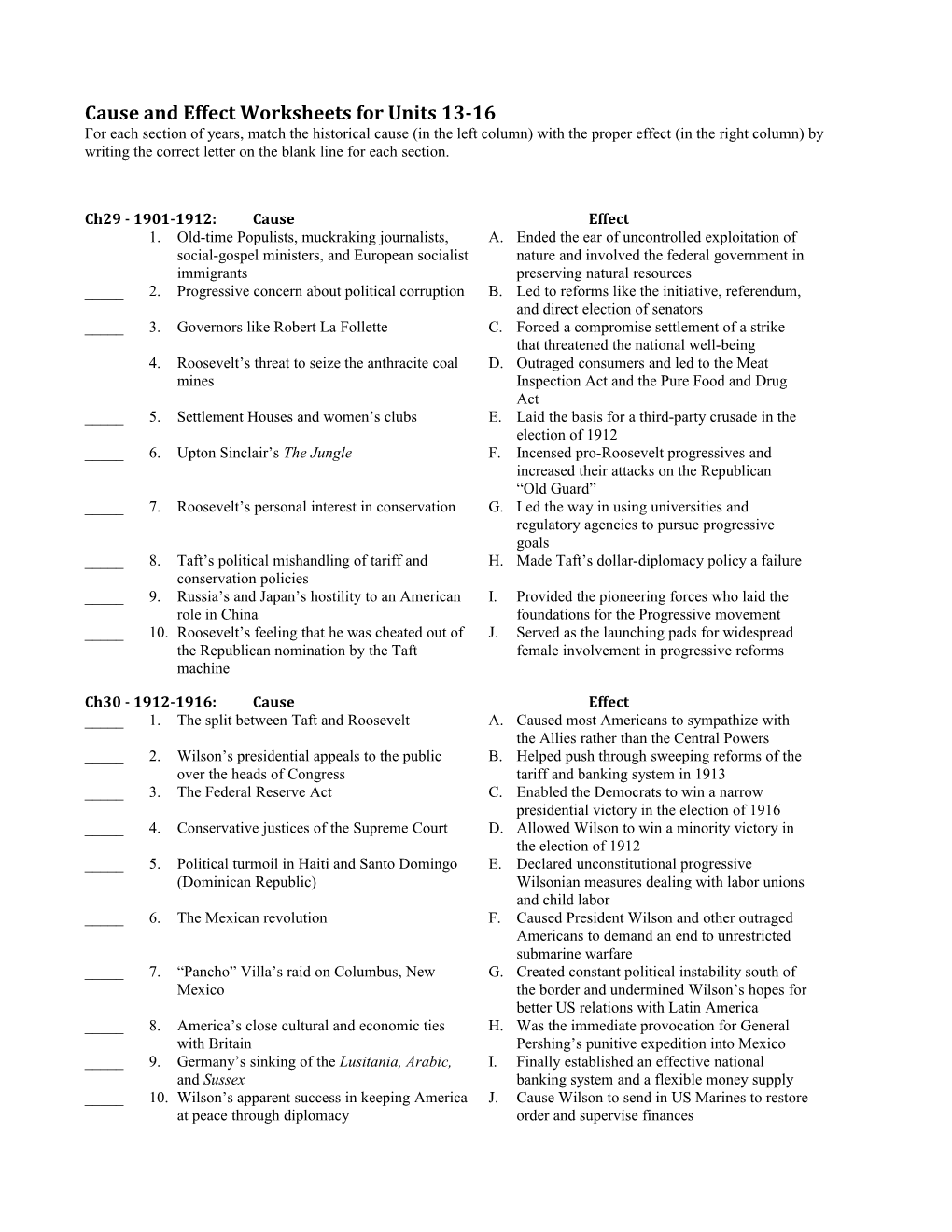 Cause and Effect Worksheets for Units 13-16