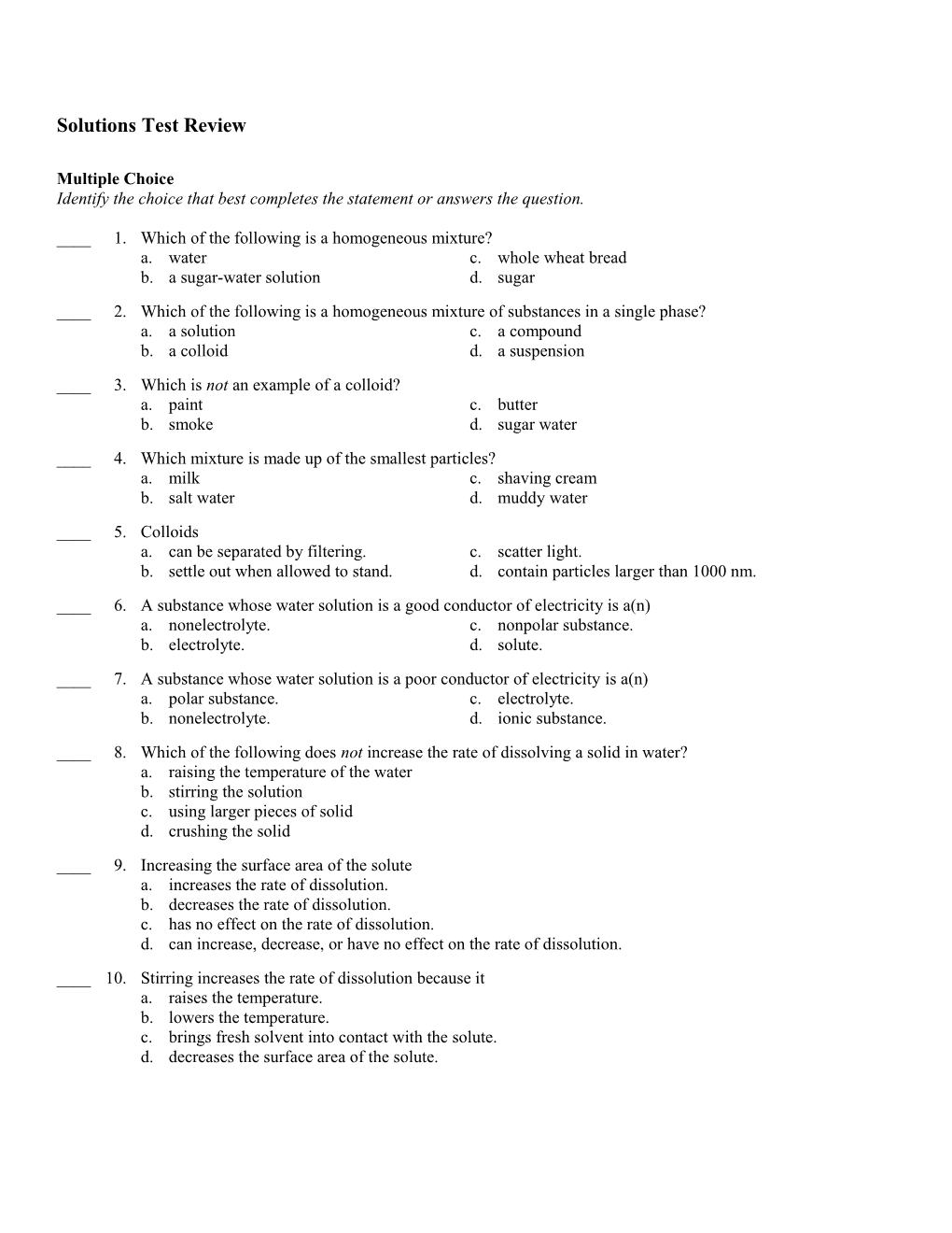 Solutions Test Review