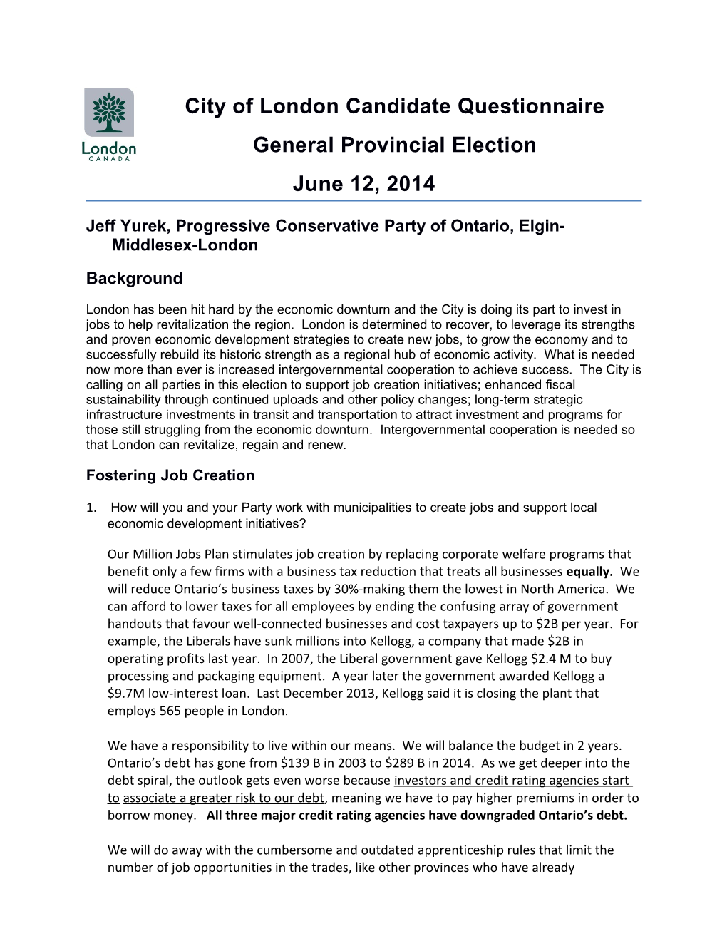 Provincial Election Questionnaire Response