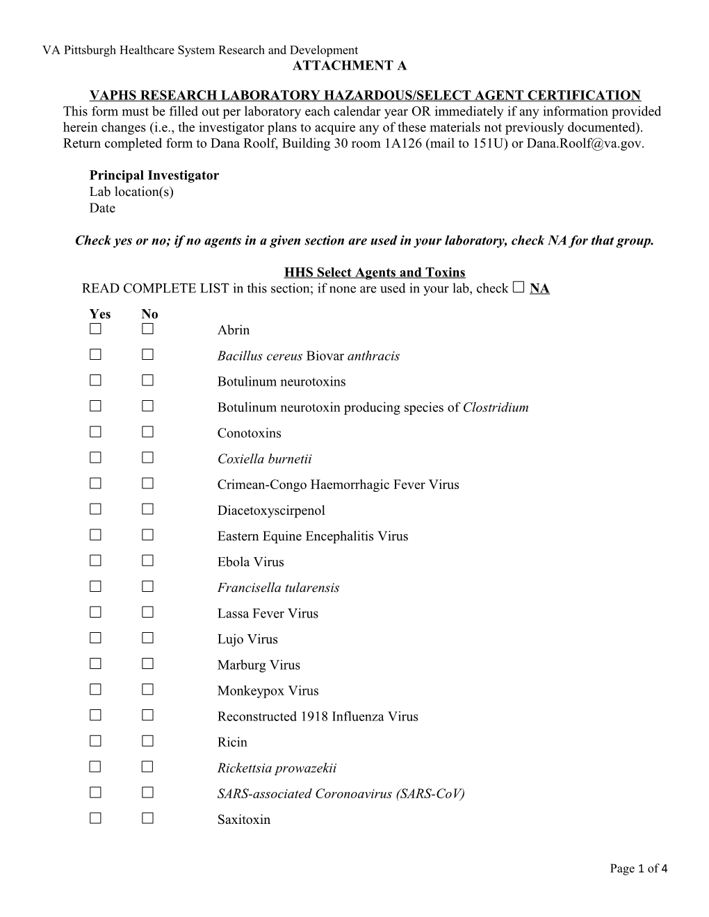 Vaphs Research Laboratory Hazardous/Select Agent Certification