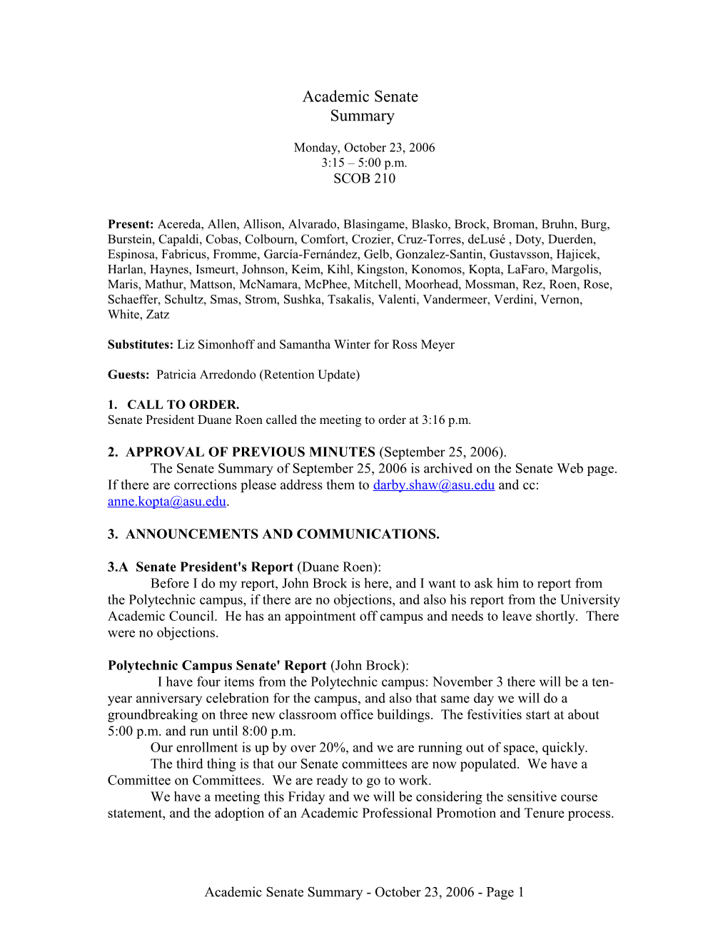 Transcript of Senate Meeting: Monday, October 23, 2006