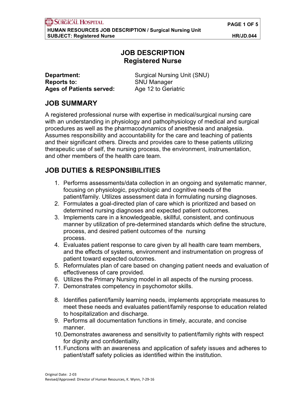 HRJD.044 Surgical Nursing Unit Registered Nurse