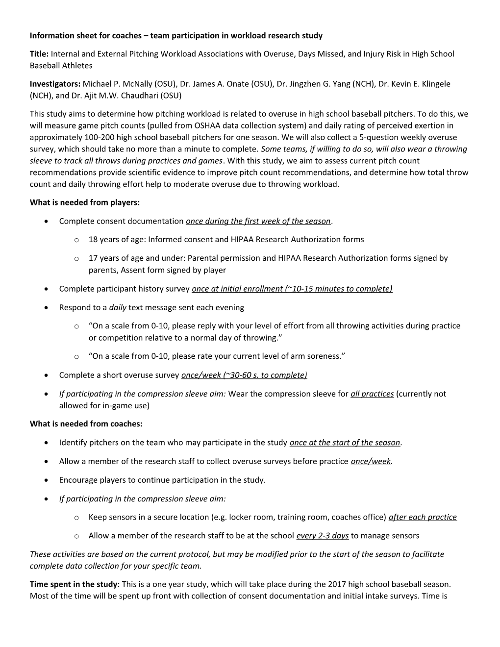 Information Sheet for Coaches Team Participation in Workload Research Study