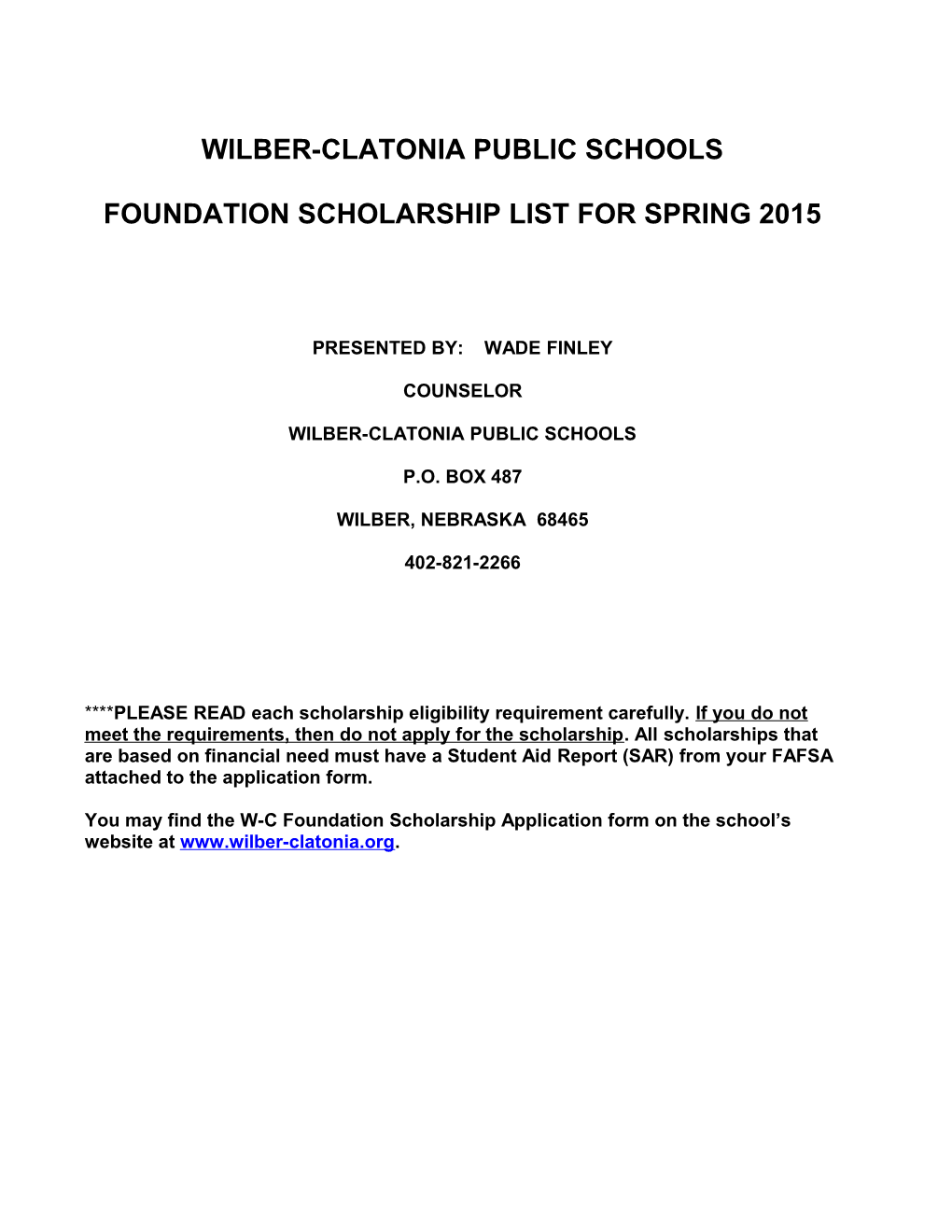 Local Scholarship List for Spring 1998