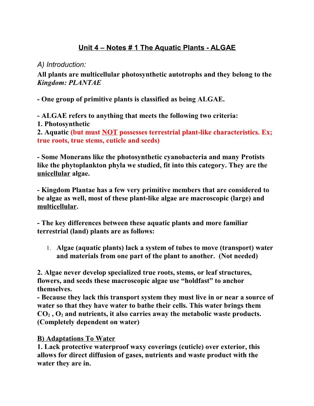 Unit 4 Notes # 1 the Aquatic Plants - ALGAE