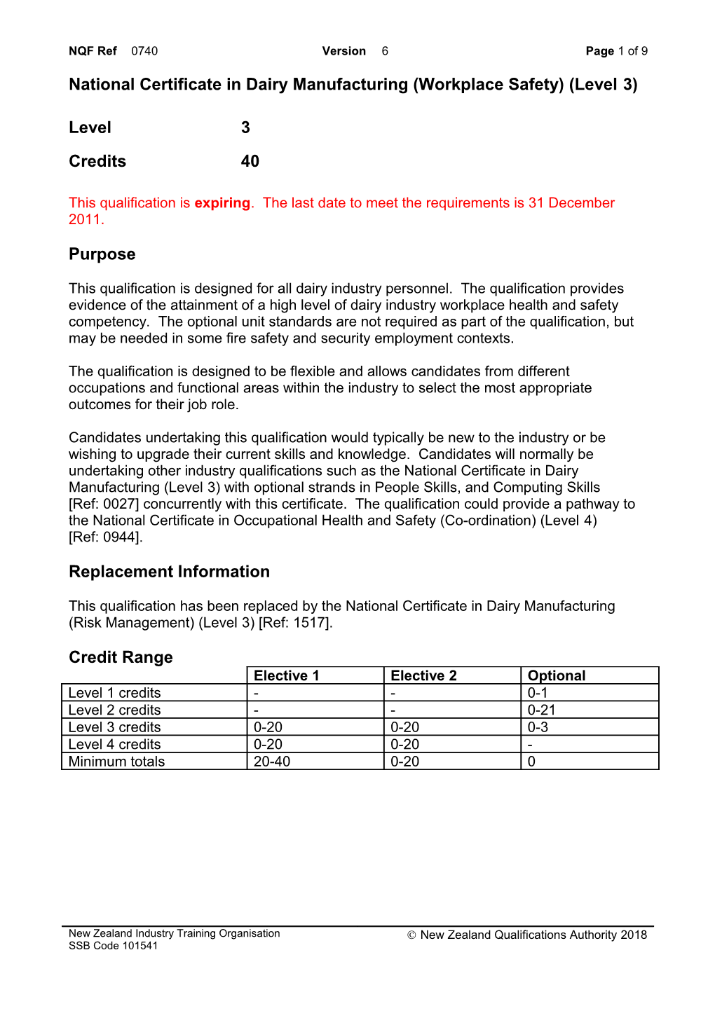 0740 National Certificate in Dairy Manufacturing (Workplace Safety) (Level 3)