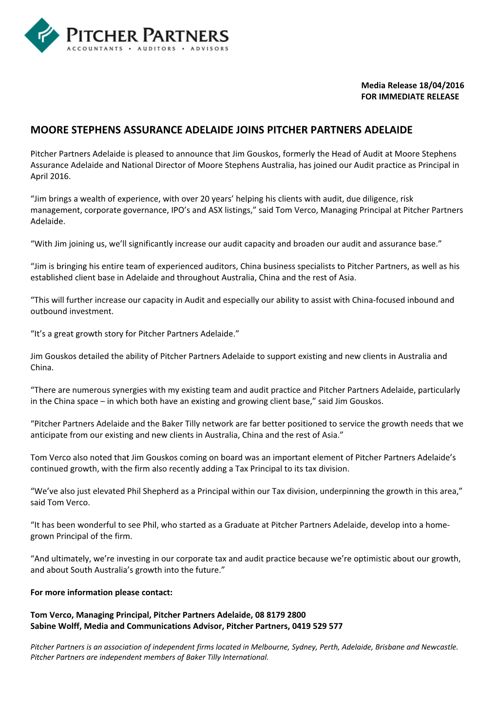 Moore Stephens Assurance Adelaide Joins Pitcher Partners Adelaide