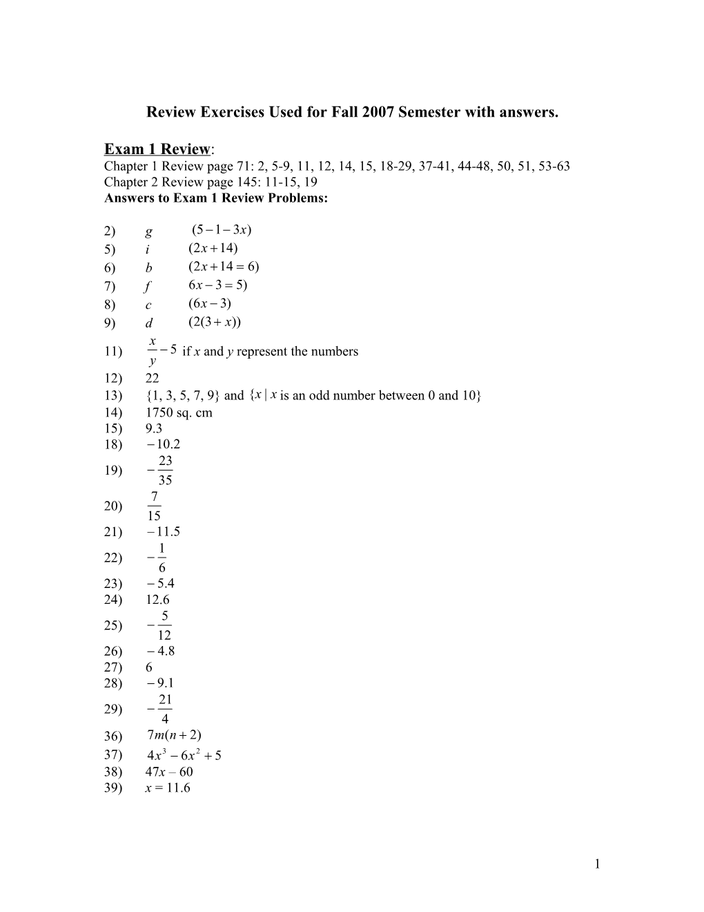 Review Exercises Used for Fall 2007 Semester with Answers