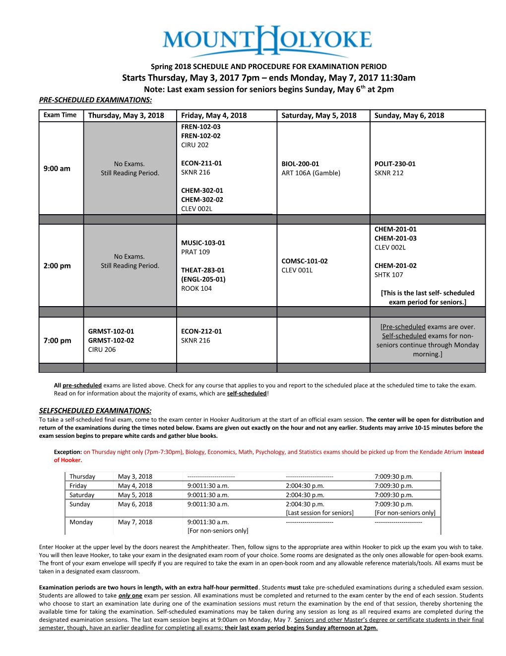 Spring 2018SCHEDULE and PROCEDURE for EXAMINATION PERIOD