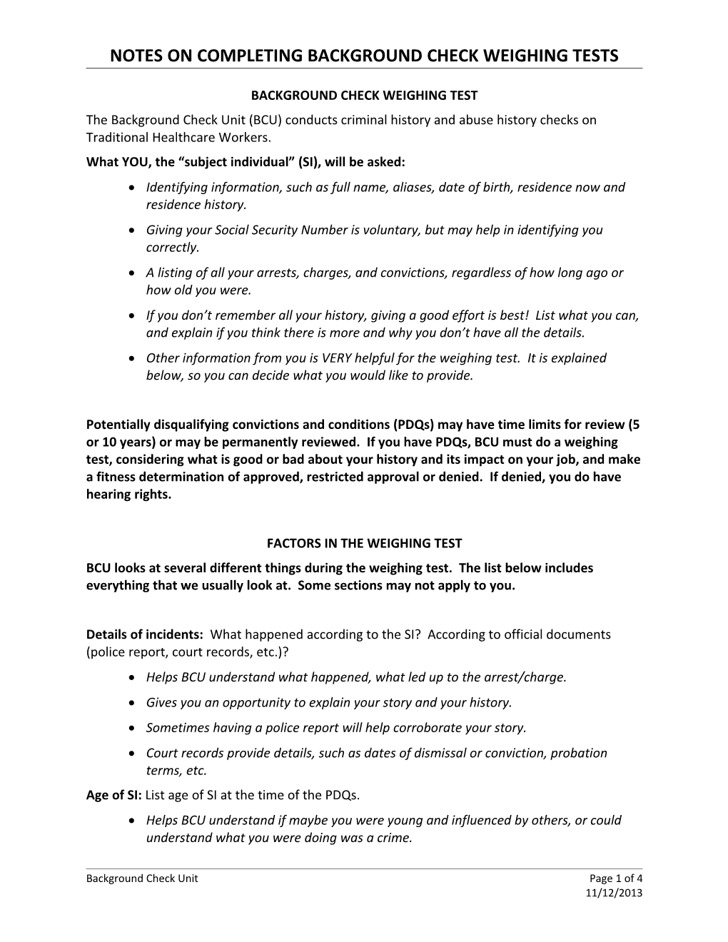 Notes on Completing Background Check Weighing Tests