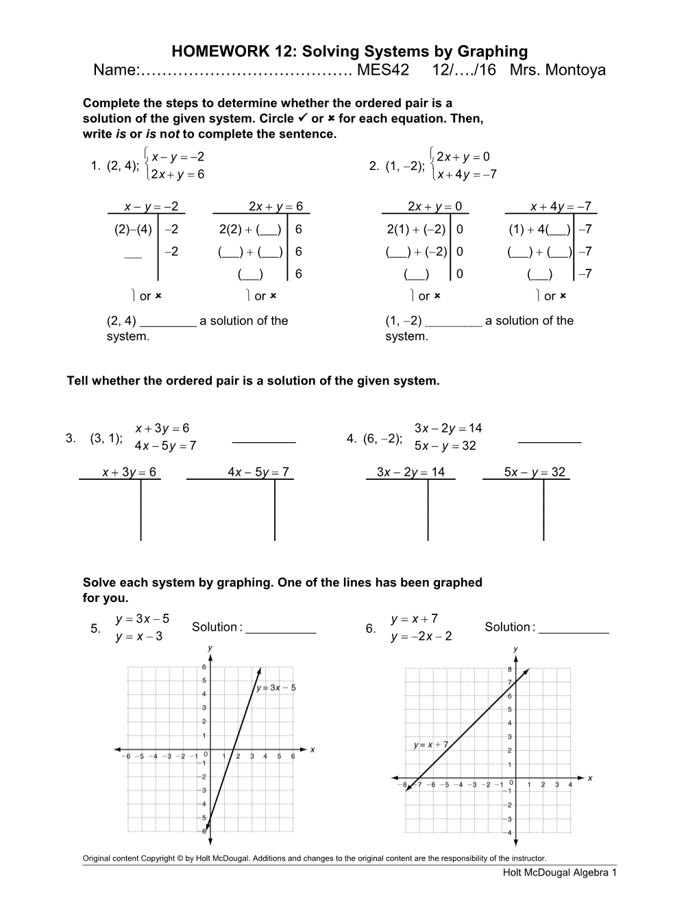 HOMEWORK 12: Solving Systems by Graphing