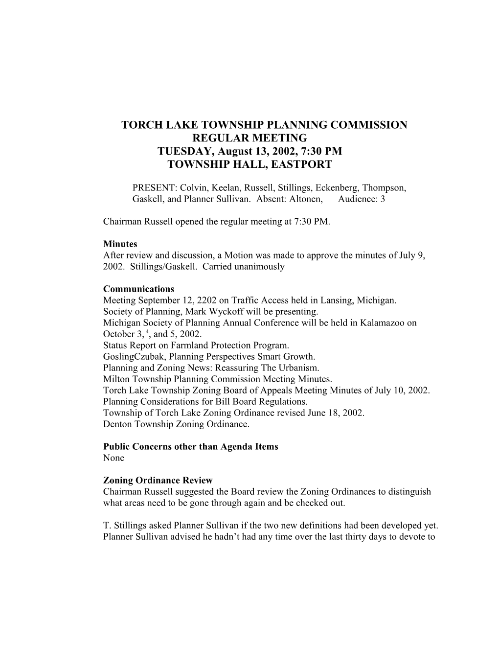 Torch Lake Township Planning Commission