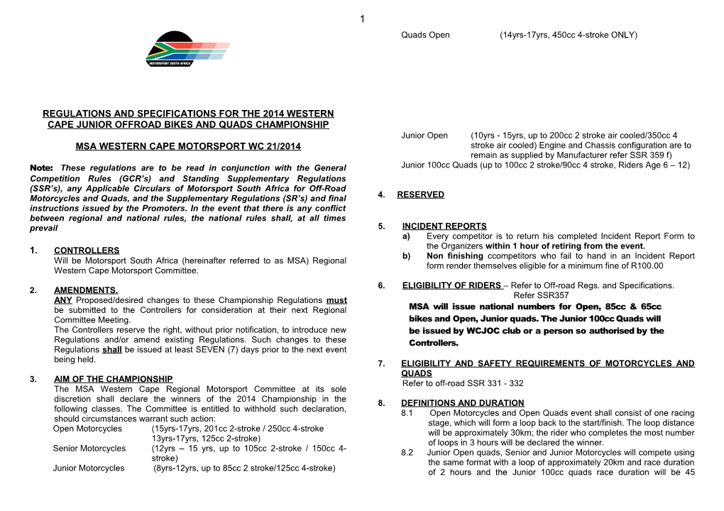 Regulations and Specifications for the 1998 Western Cape Formula M Regional Non-Championship