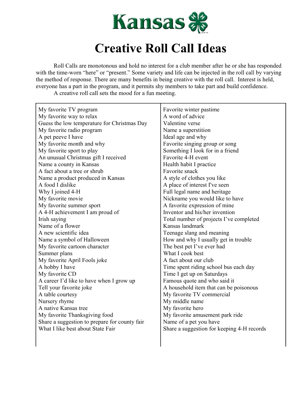 Creative Roll Call Ideas