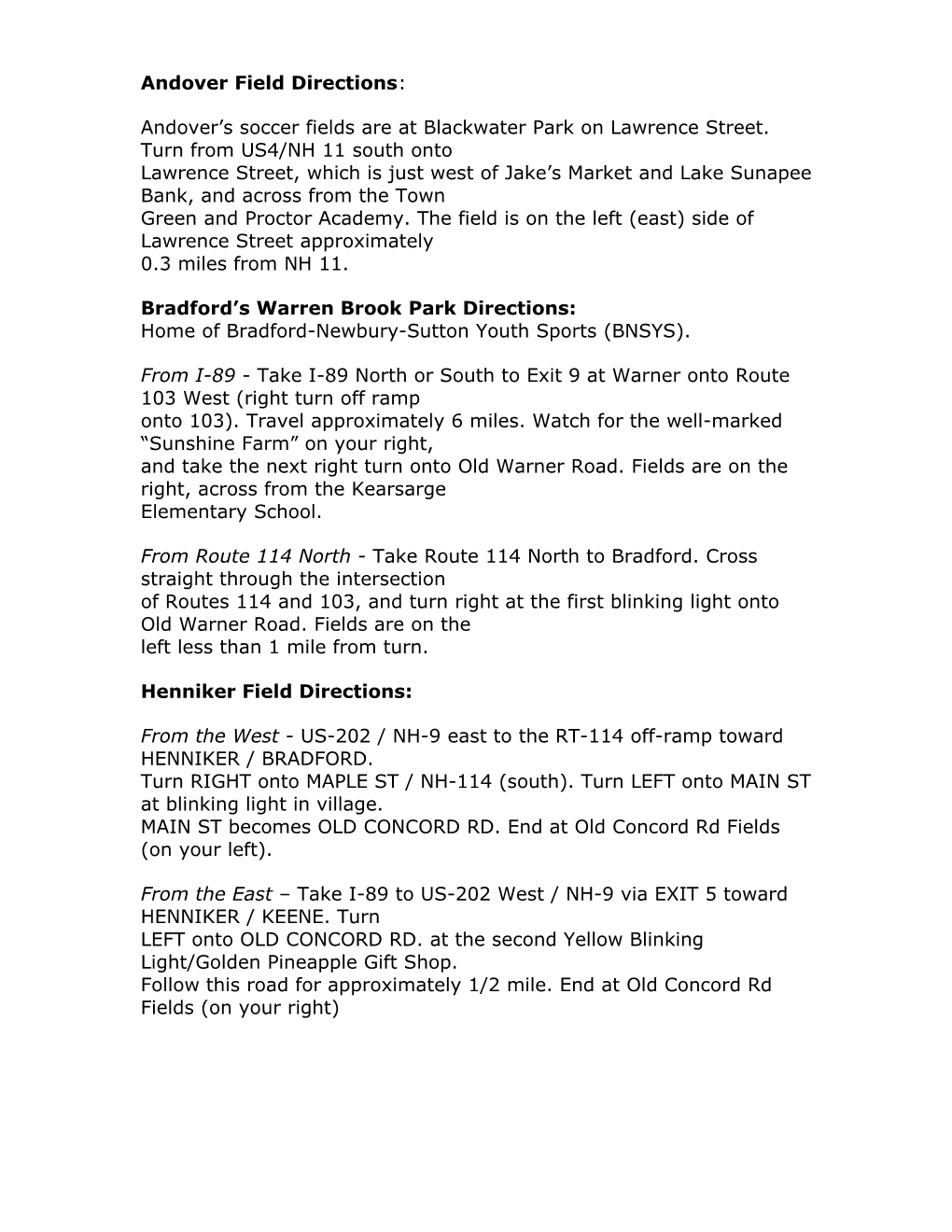 Andover Field Directions