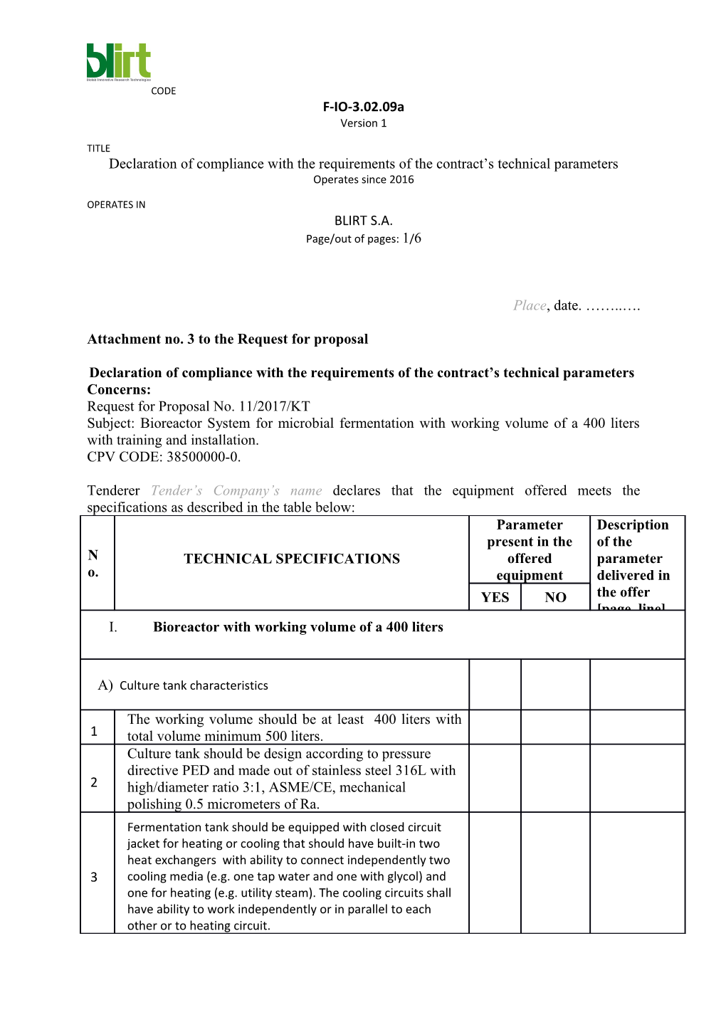 Attachment No. 3 to the Request for Proposal