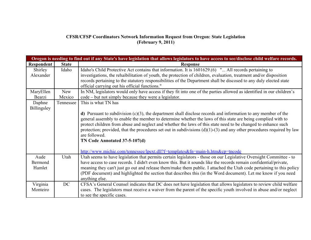 CFSR/CFSP Coordinators Network Information Request from Oregon: State Legislation (February