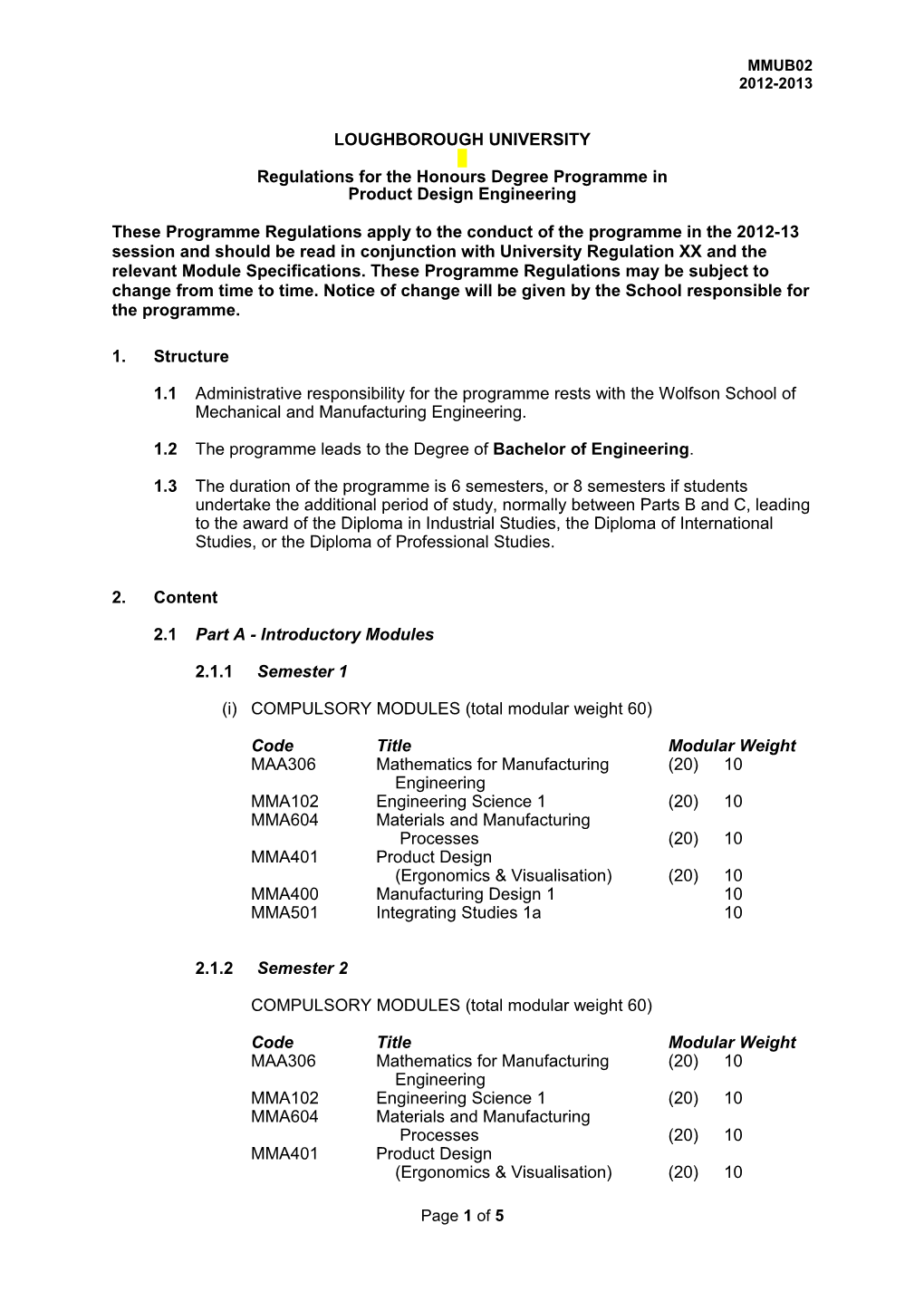 Regulations for the Honours Degree Programme In