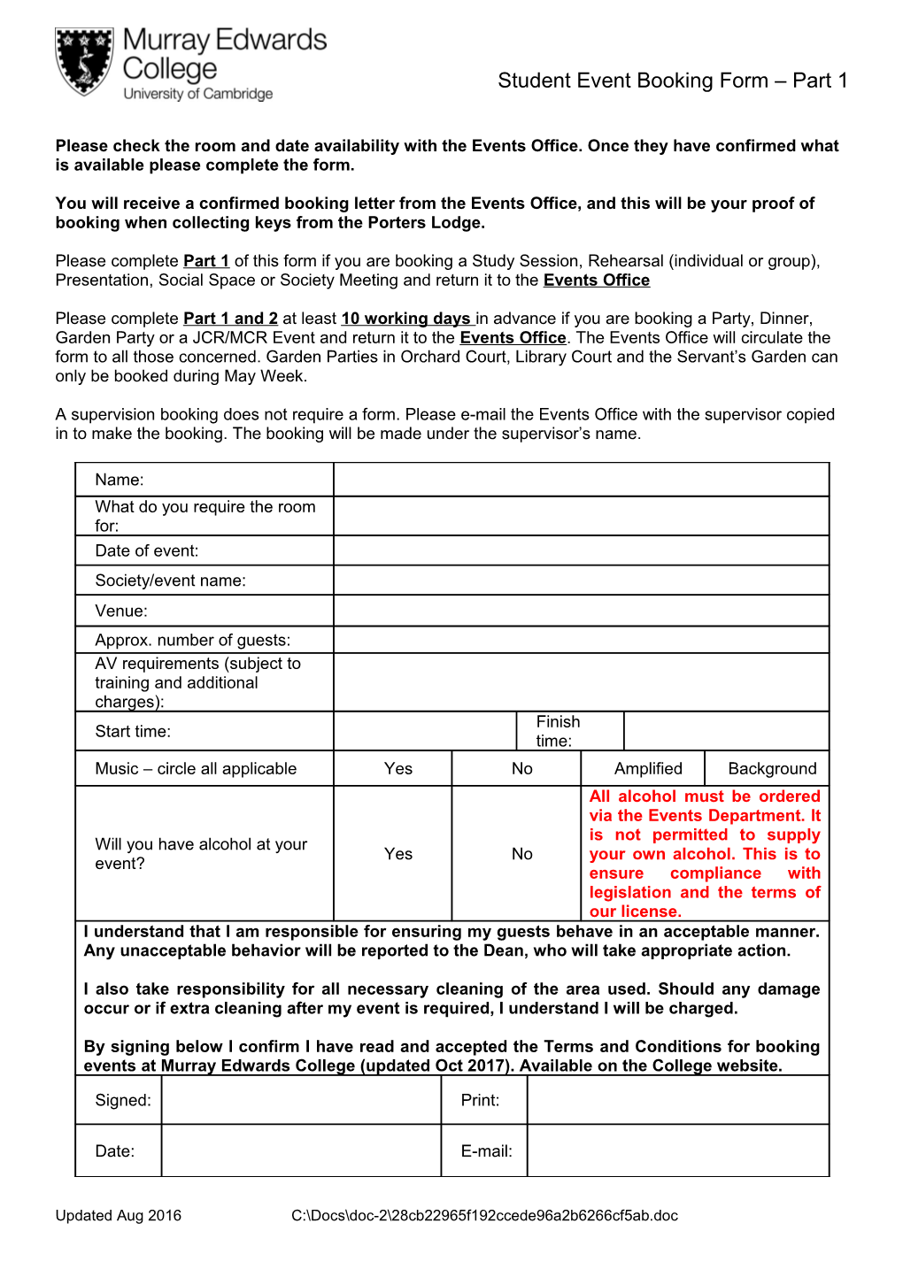 Student Event Booking Form Part 1