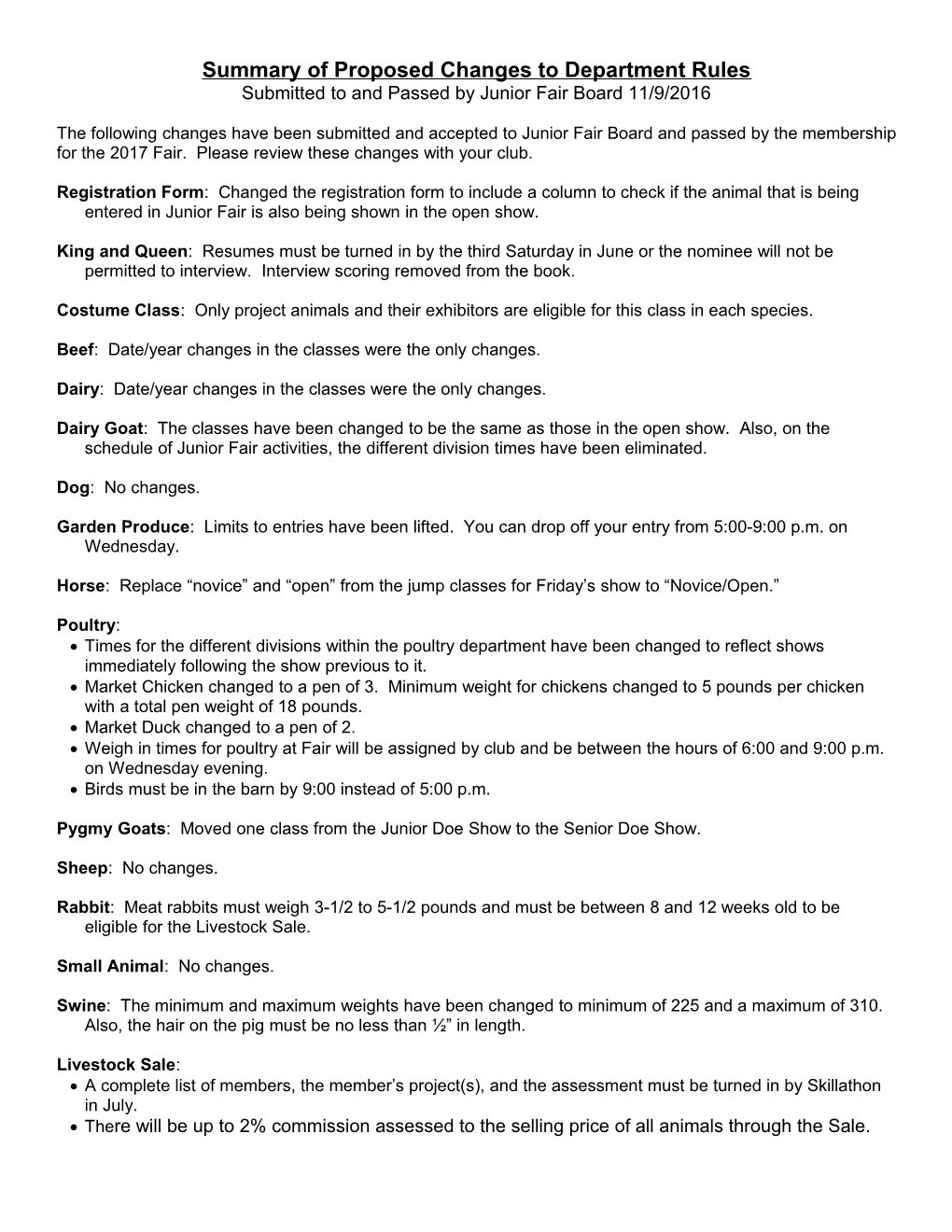 Proposed Changes to Sheep Department Rules