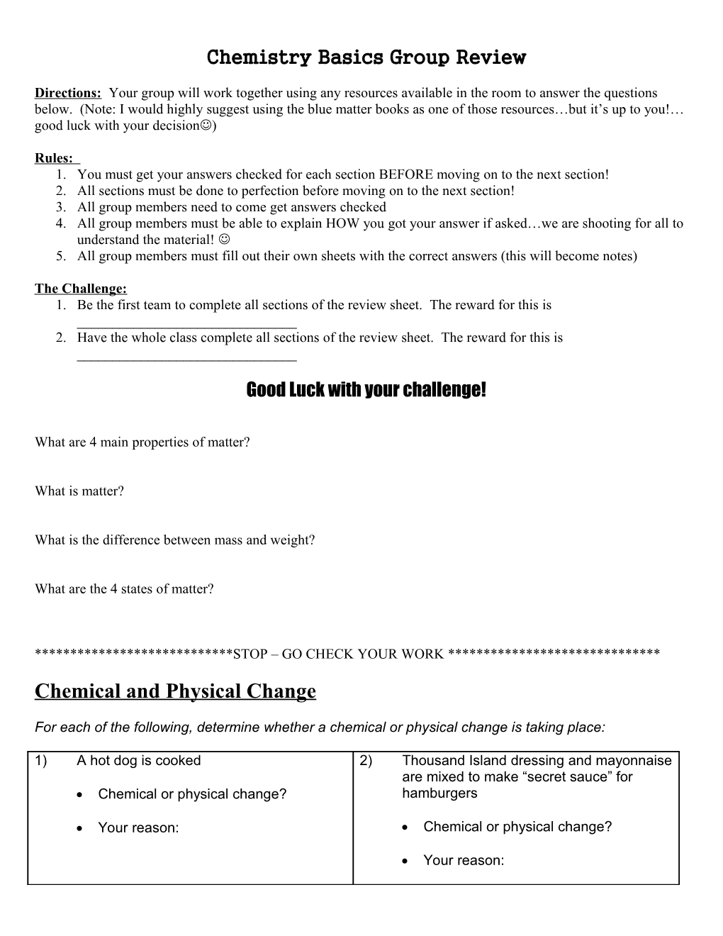 Chemistry Basics Group Review