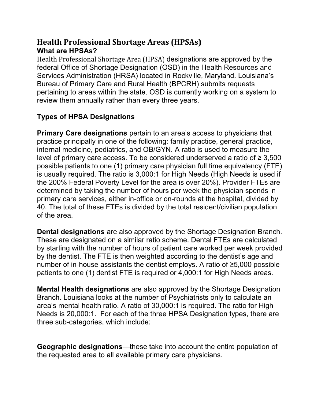 Health Professional Shortage Areas (Hpsas)