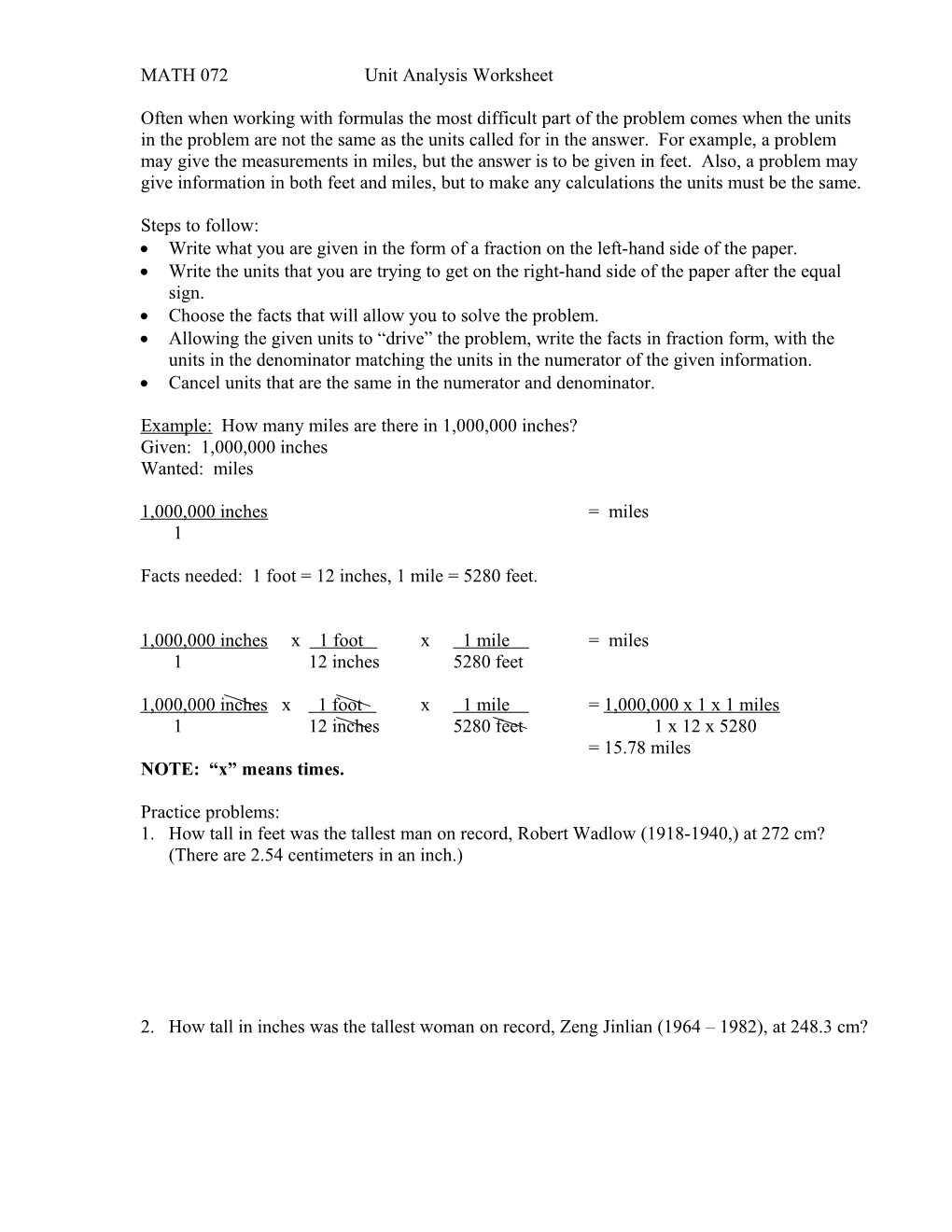 MATH 072 Unit Analysis Worksheet