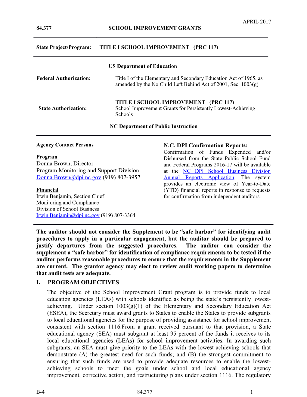 Title I School Improvement (PRC 117)