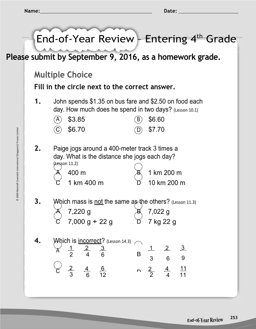 Fill in the Circle Next to the Correct Answer s1