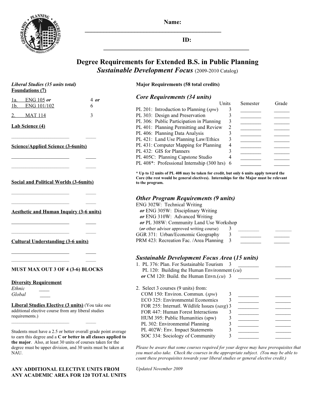 Degree Requirements for Extended B.S. in Public Planning