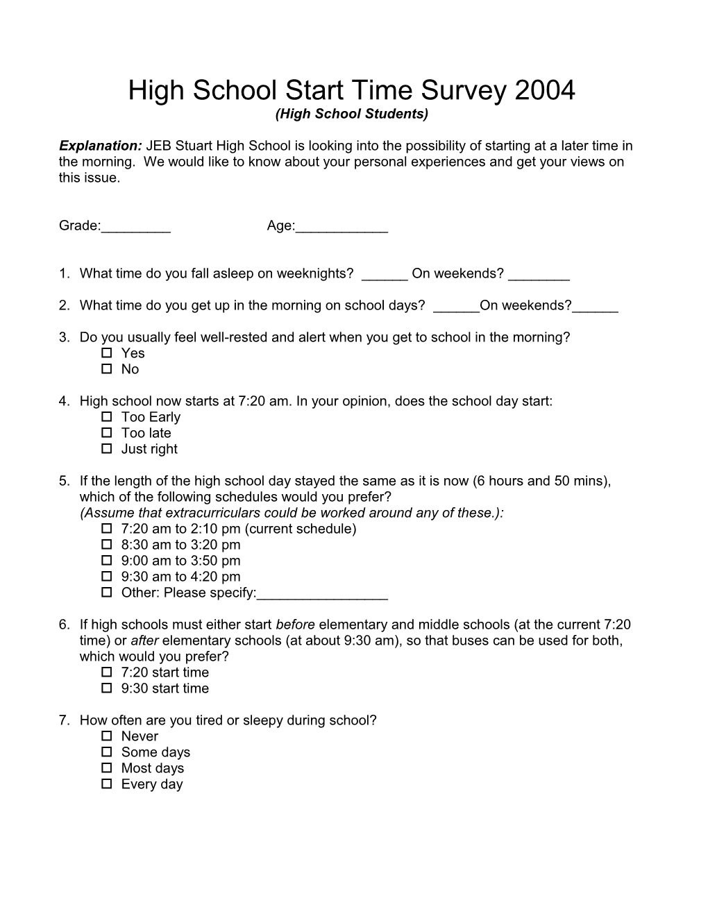 High School Start Time Survey 2004