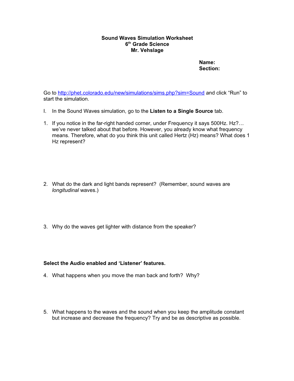 Sound Waves Simulation Worksheet