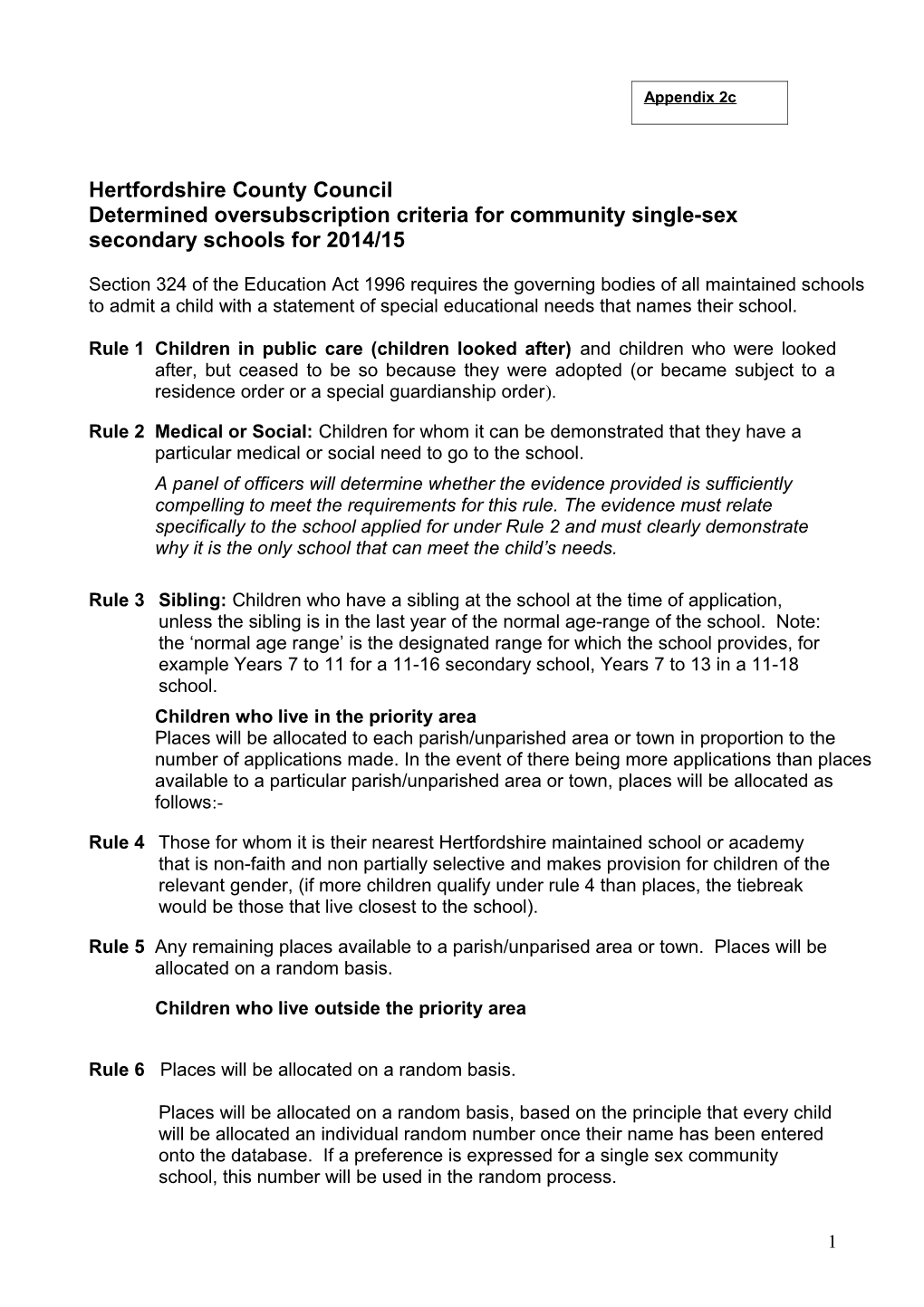 Determined Oversubscription Criteria for Community Single-Sex Secondary Schools for 2014/15