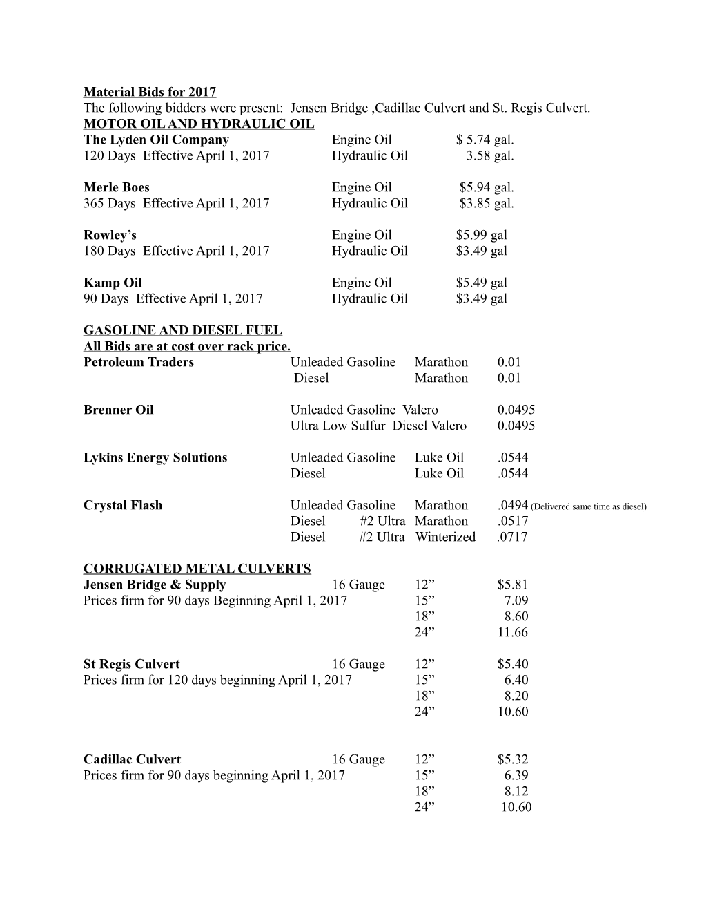 Material Bids for 2016