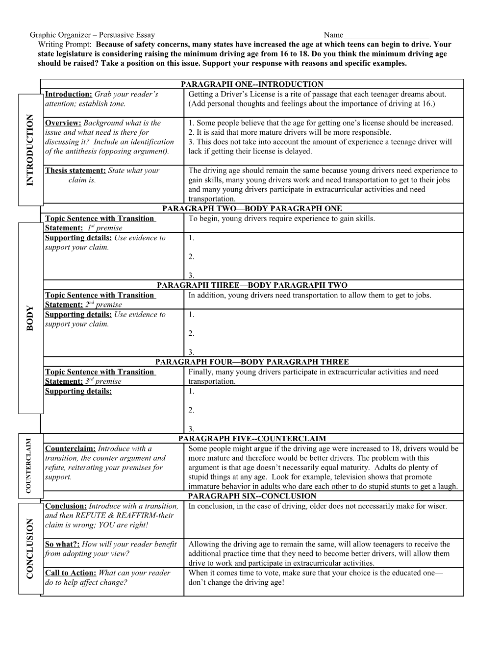 Graphic Organizer Persuasive Essay Name______