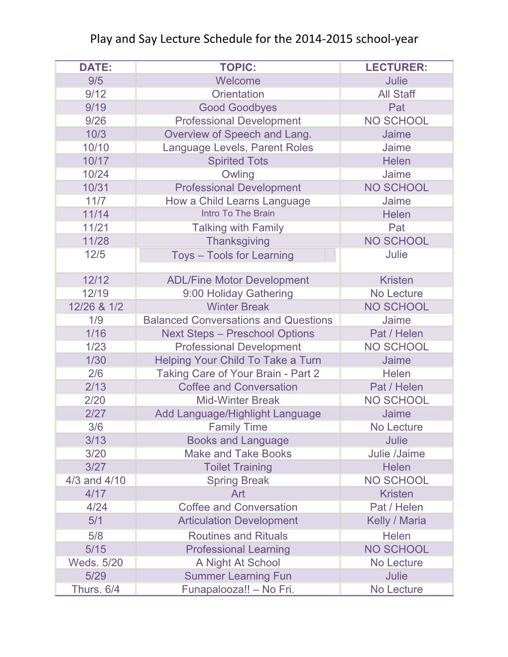 Play and Say Lecture Schedule for the 2014-2015 School-Year