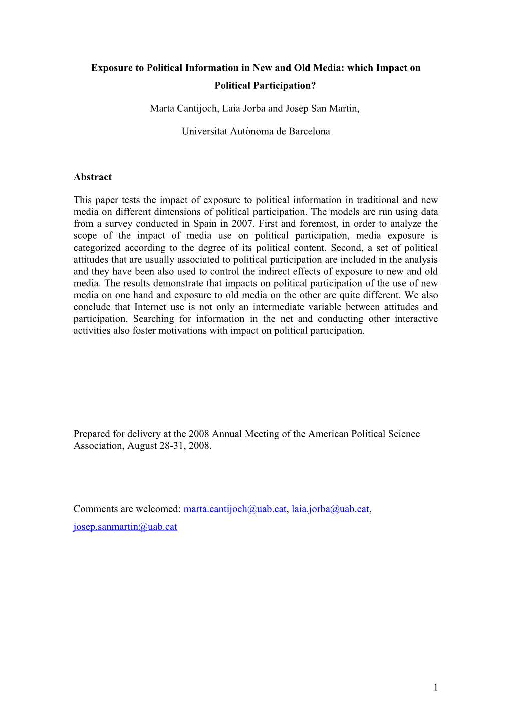 Exposure to Political Information in New and Old Media: Which Impact on Political Participation?