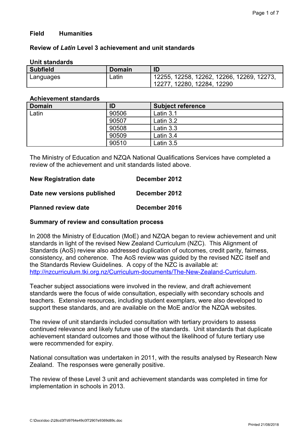 Review of Latin Level 3 Achievement and Unit Standards